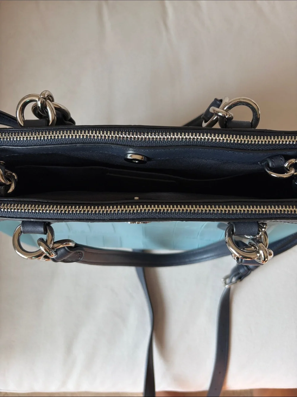 Coach Teal and Black Croc-Embossed Satchel with Shoulder Strap